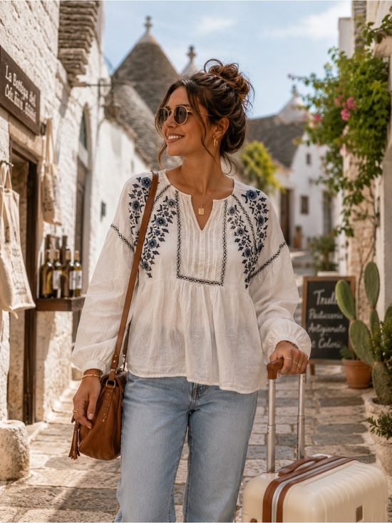 Rebellion Tops - Women’s feminine bohemian white blue and flower design in women’s size L blouse